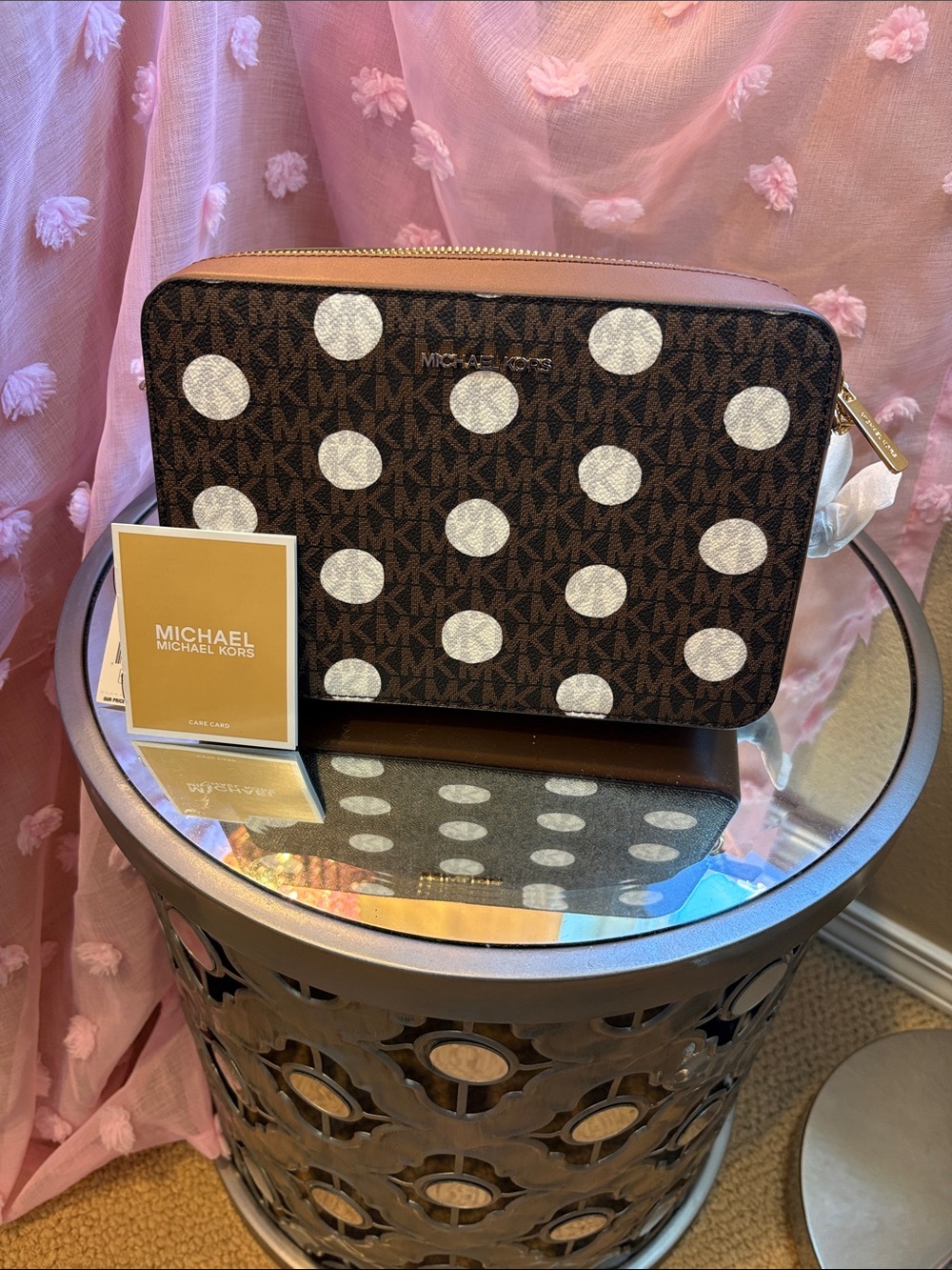NWT Michael Kors Jet Set Large Polka Dot Signature Crossbody Bag - Brown